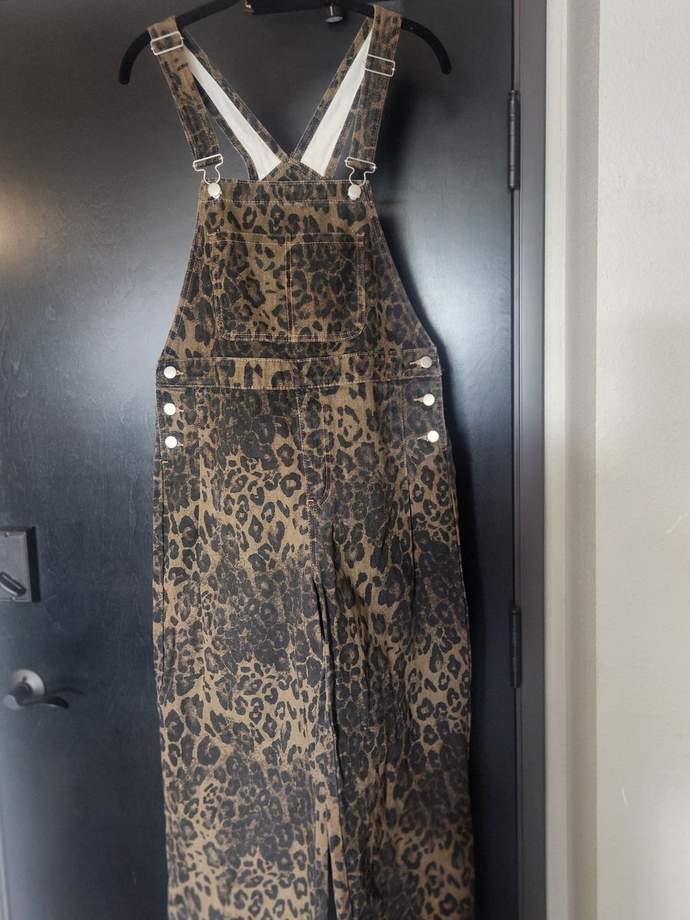 Leopard Print Wide-Leg Overalls Jumpsuit - Brown/Black